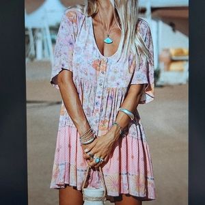 080. Multicolor Hibiscus Floral Print Ruffle Mini Dress  Size M